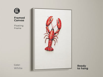 Framed Canvas Red Lobster Artwork in White Floating Frame. Ready to hang in any space. Coastal kitchen wall art. This seafood lover gift print is appealing. Nautical home decor art. Features crimson animal artwork.