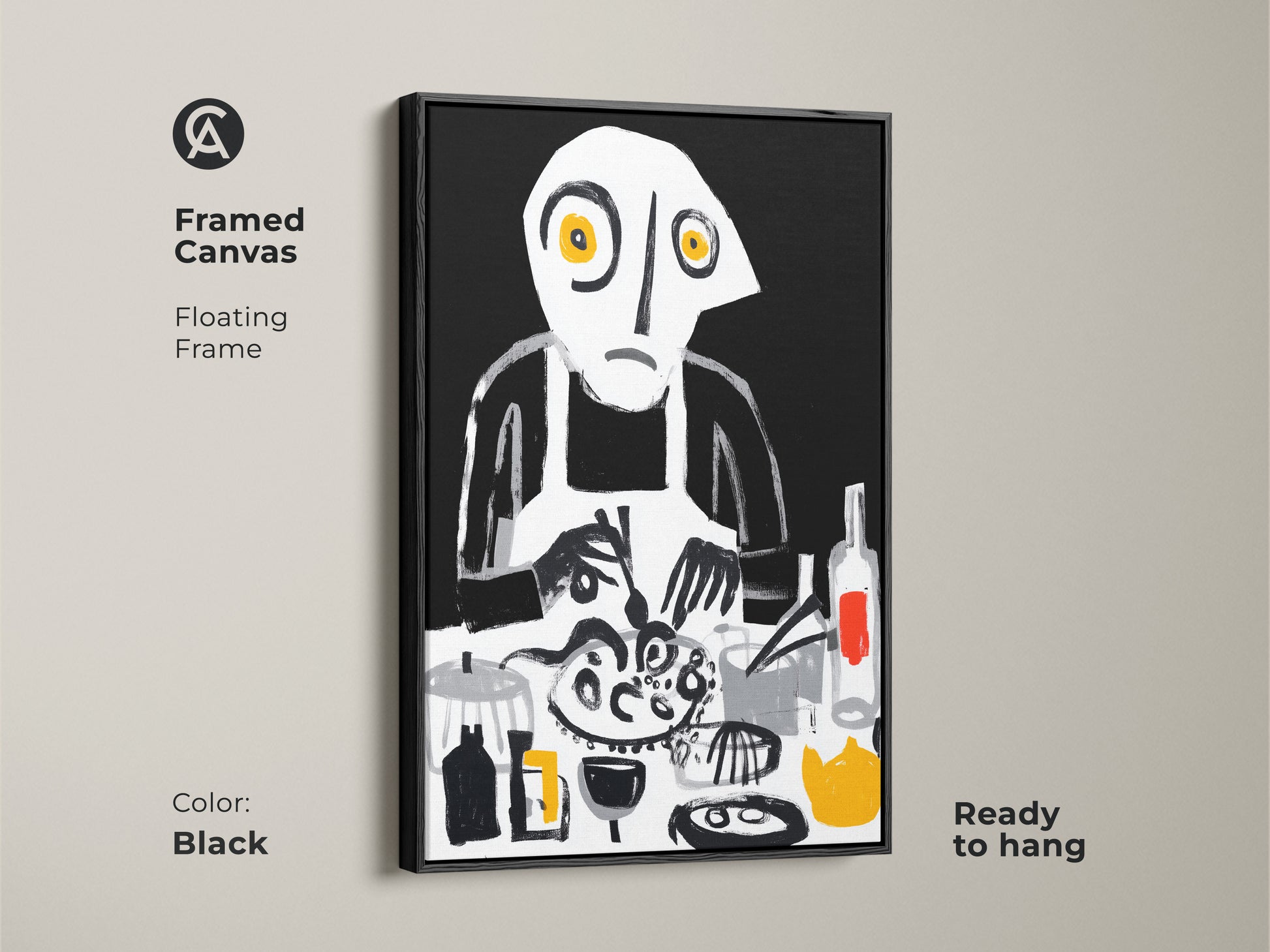 A framed canvas features abstract chef wall art with a floating frame in black. A unique dining room decor piece showcases a surreal cooking scene. Eclectic kitchen art uses bold brushstrokes in black white and yellow. The art is ready to hang.