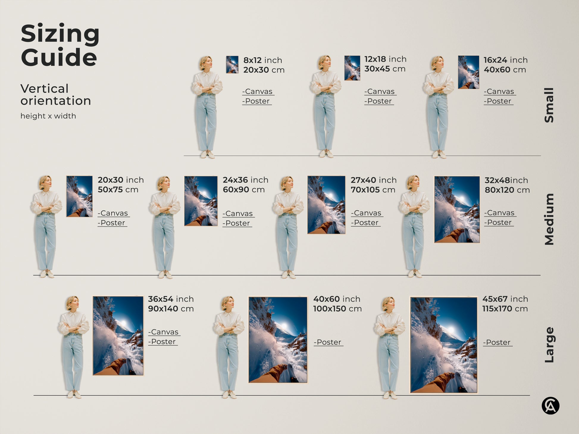 Sizing guide for vertical ski art prints. See how canvas and poster artwork fits in different sizes. From small 8x12 to large 45x67 inch prints. Visualize the perfect scale for your space. Enhance your home decor today.