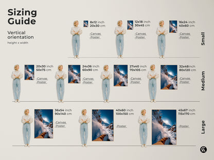Sizing guide for vertical ski art prints. See how canvas and poster artwork fits in different sizes. From small 8x12 to large 45x67 inch prints. Visualize the perfect scale for your space. Enhance your home decor today.