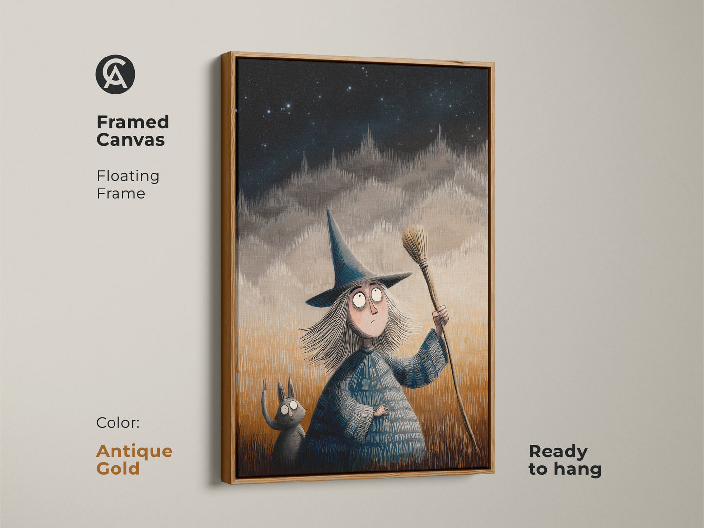 Antique gold framed canvas featuring a spooky cute witch and cat art. Floating frame Halloween themed decor is ready to hang. Fantasy art for a children's room is a unique gift. Add a magical night sky to your walls.