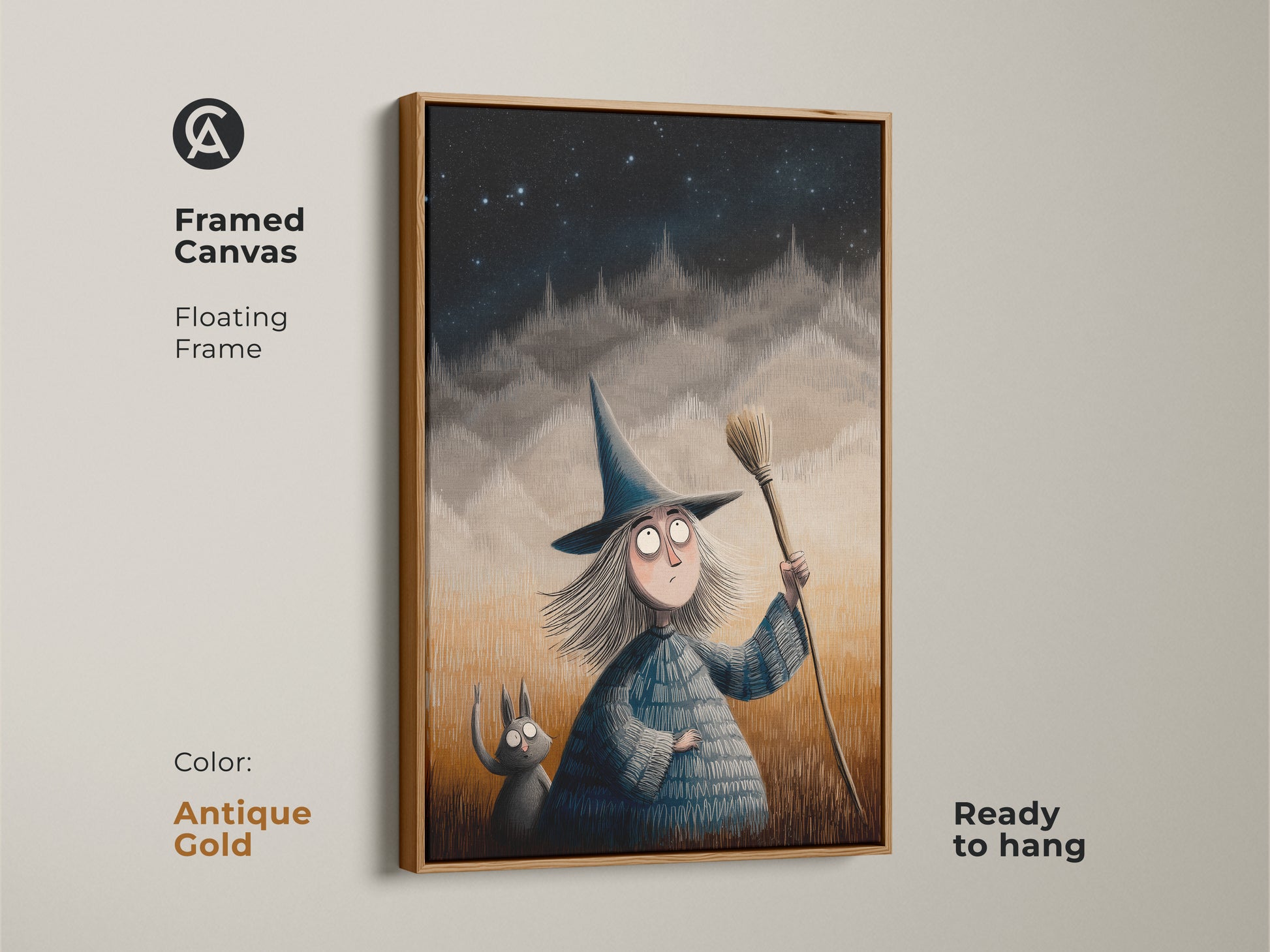 Antique gold framed canvas featuring a spooky cute witch and cat art. Floating frame Halloween themed decor is ready to hang. Fantasy art for a children's room is a unique gift. Add a magical night sky to your walls.