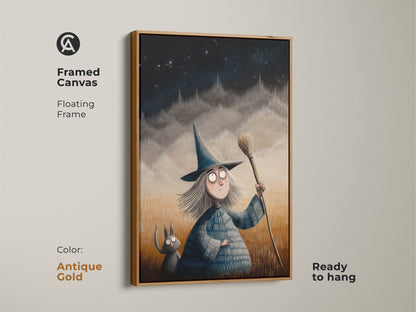Antique gold framed canvas featuring a spooky cute witch and cat art. Floating frame Halloween themed decor is ready to hang. Fantasy art for a children's room is a unique gift. Add a magical night sky to your walls.