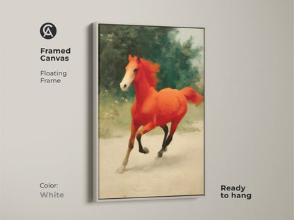 Framed canvas print of a galloping orange horse. The equine artwork features a floating white frame. This nature-inspired wall art is ready to hang. Perfect for horse lovers and eclectic decor. A unique equestrian art piece.