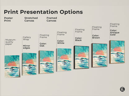 Print presentation options for surfer artwork including poster stretched canvas and framed canvas. Choose the perfect style to match your home decor. Options include gallery wrap museum quality paper and floating frames. Find your ideal surfer art today.