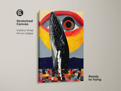 Stretched canvas featuring a surreal whale eye. This abstract collage is a gallery-wrapped piece of art. The mirror edges enhances the ocean creature canvas print. Ready to hang this yellow red and gray wall decor brings an eclectic art vibe to any office space adding artistic ocean artwork to your wall.