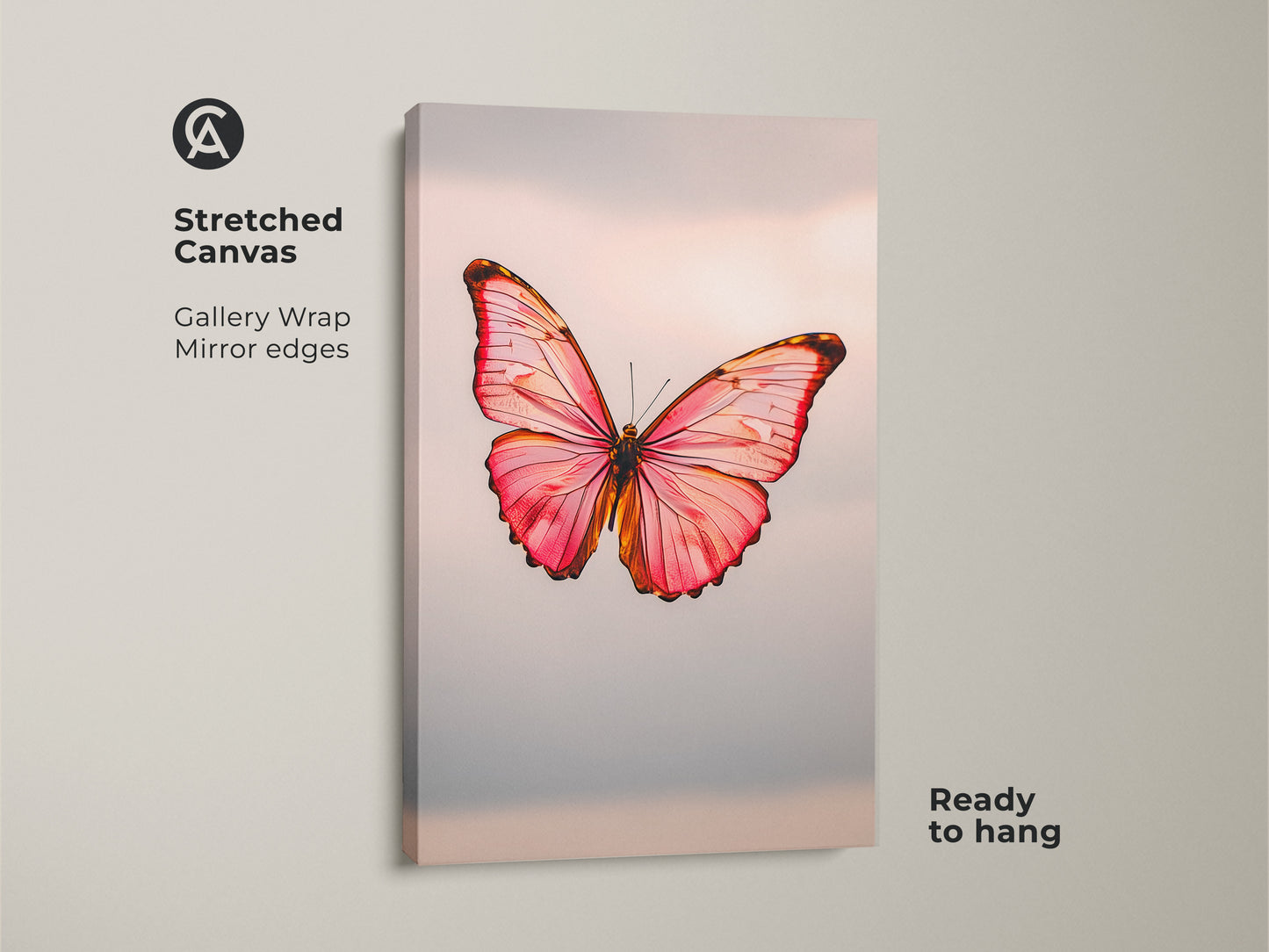 Stretched canvas gallery wrap of a pink butterfly print. This rose gold insect art is ready to hang. The minimalist butterfly decor uses a modern nature canvas. It's ideal butterfly bedroom art.