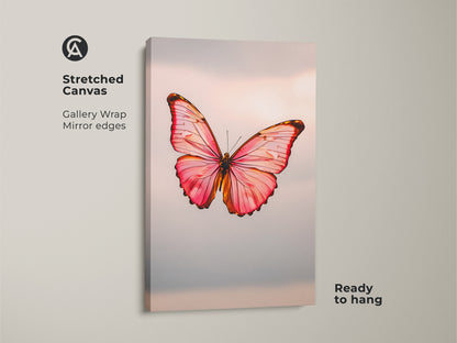 Stretched canvas gallery wrap of a pink butterfly print. This rose gold insect art is ready to hang. The minimalist butterfly decor uses a modern nature canvas. It's ideal butterfly bedroom art.
