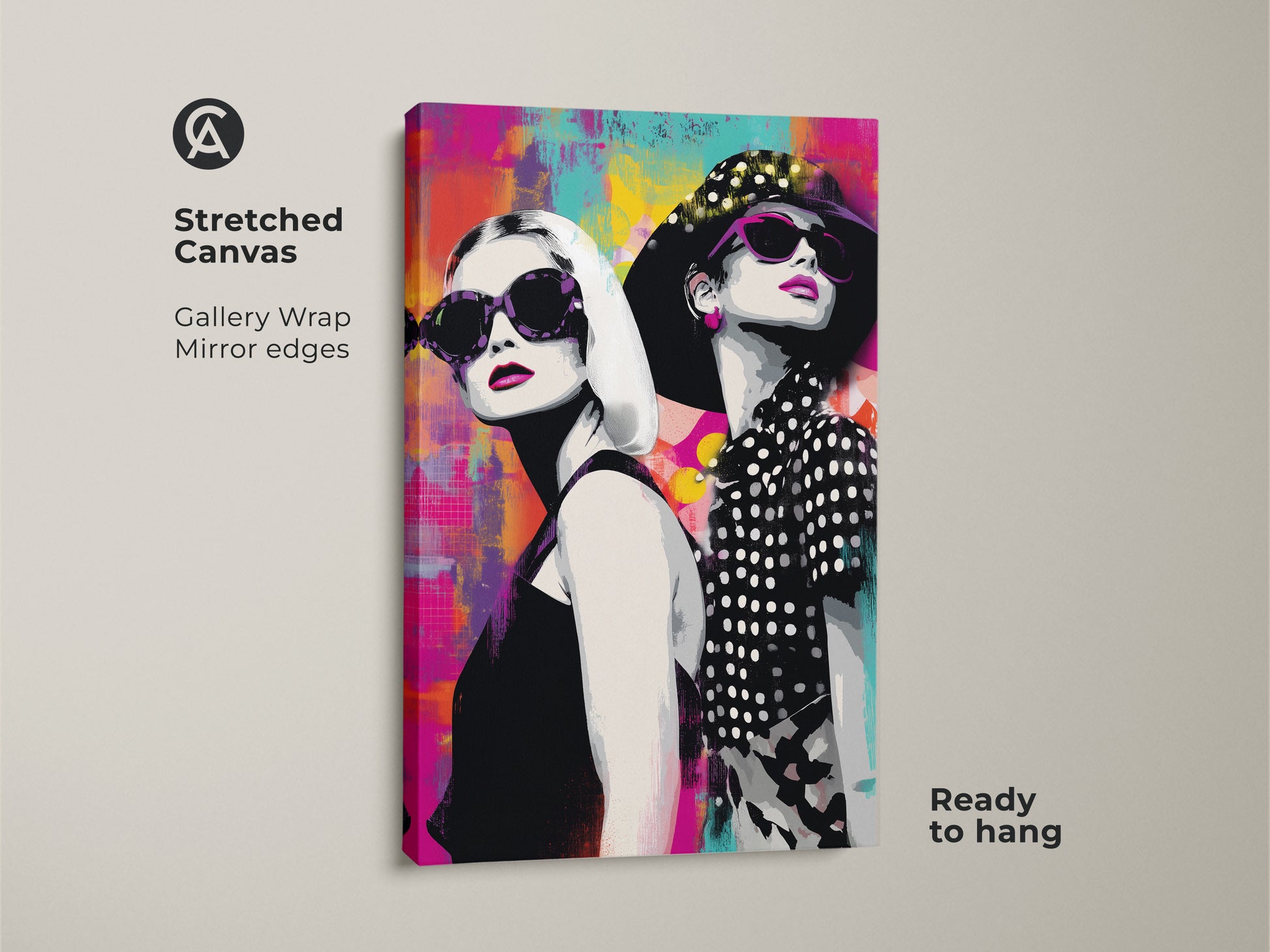Stretched canvas pop art print showcasing two stylish women in sunglasses. The gallery wrap with mirror edges enhances the abstract magenta and teal background. It is perfect for adding a fashionable touch to a living room or home office. This ready-to-hang canvas art makes a bold statement. It's a unique piece of contemporary artwork.