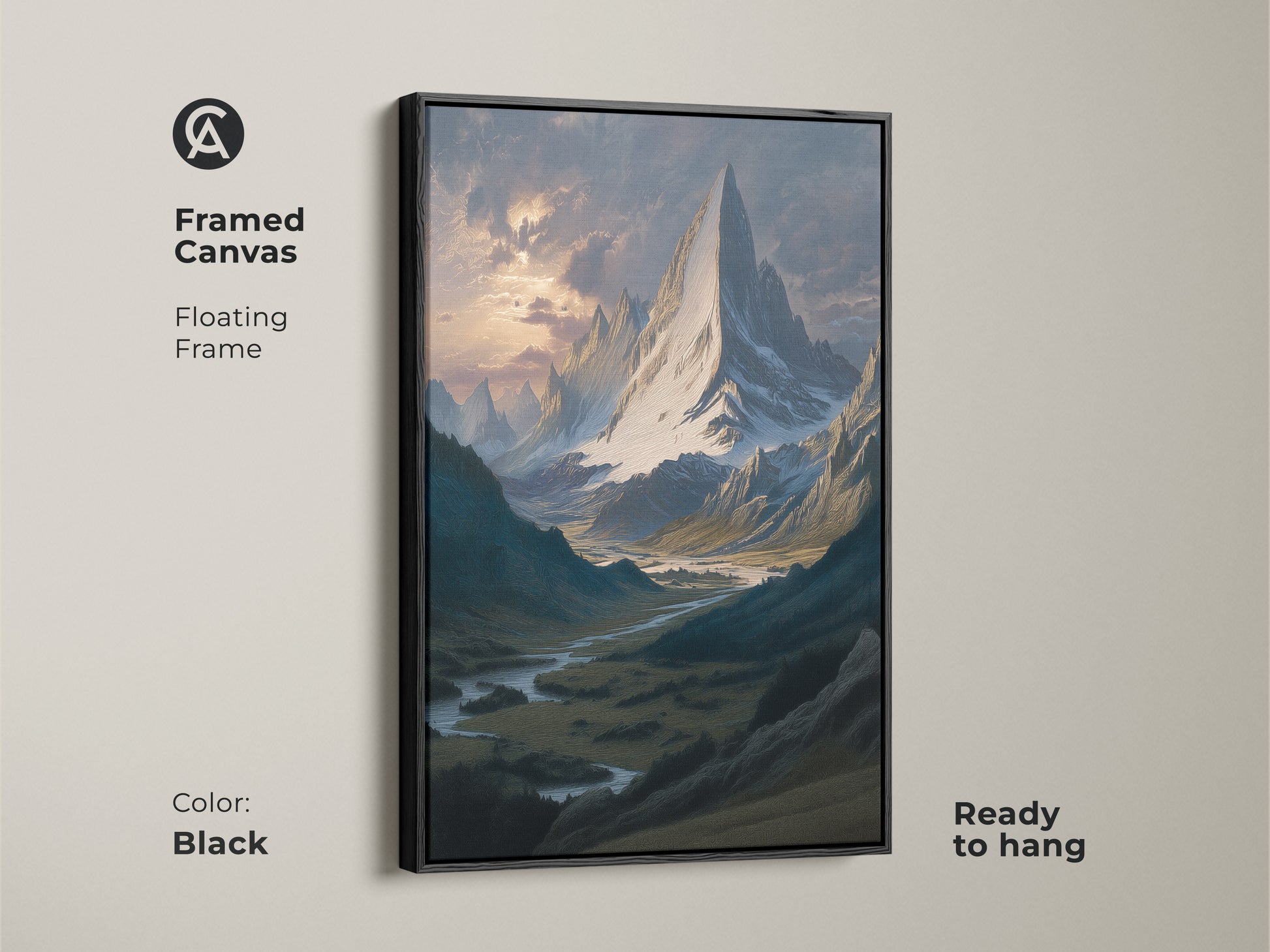 Black framed canvas of a majestic mountain canvas. It features a floating frame. This traditional artwork shows a serene mountain scene. Ready to hang for living room mountain view. It is a classic landscape painting.
