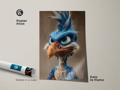 Poster print of a cartoon bird artwork rolled in a tube. This museum-quality paper print is easy to frame. Add a touch of whimsy to your home decor with this unique and colorful bird illustration.