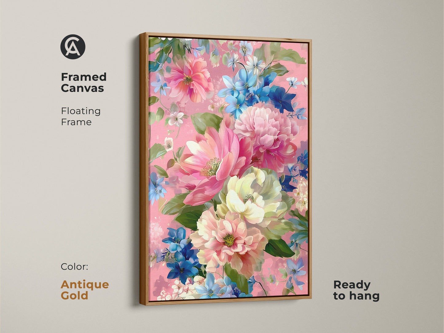 Antique gold framed canvas featuring impressionistic pink peony and blue daisy floral artwork. Romantic boho floral art is ready to hang. Vibrant botanical print enhances bedroom or living room decor. The floating frame showcases this floral art print.