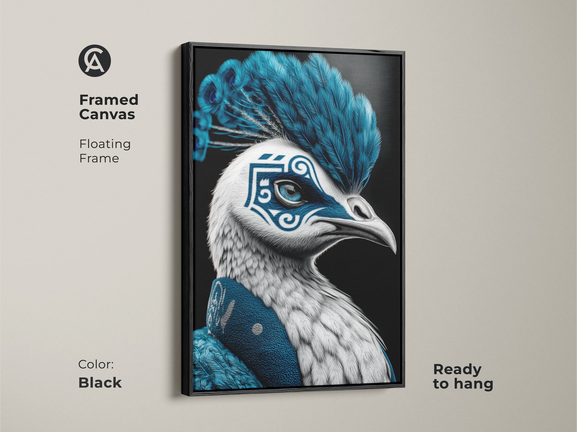 This framed canvas features a surreal peacock mask artwork. The black floating frame enhances the electric blue and white tones. Ready to hang this unique office art brings fantasy and color to your space.