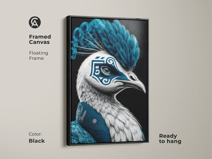 This framed canvas features a surreal peacock mask artwork. The black floating frame enhances the electric blue and white tones. Ready to hang this unique office art brings fantasy and color to your space.