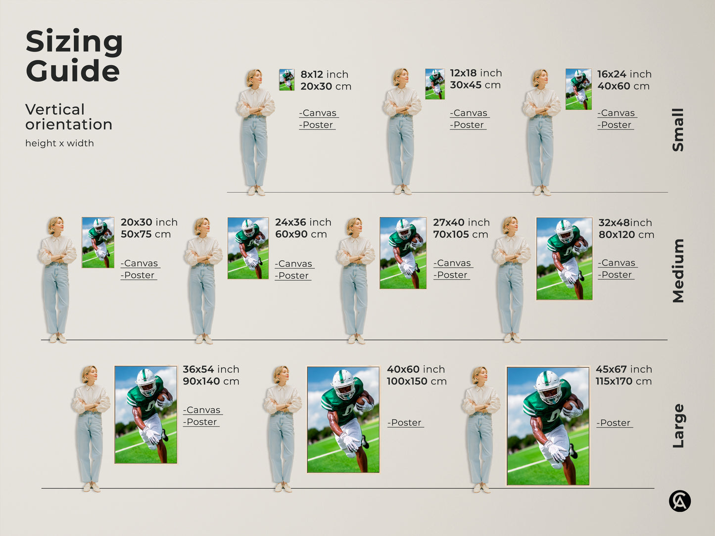 Sizing guide for vertical football art. Visualize canvas and poster sizes from small to large. Ranging from 8x12 to 45x67 inches. Perfect for any space. Find the ideal fit for your office sports bar or a football fan's room.