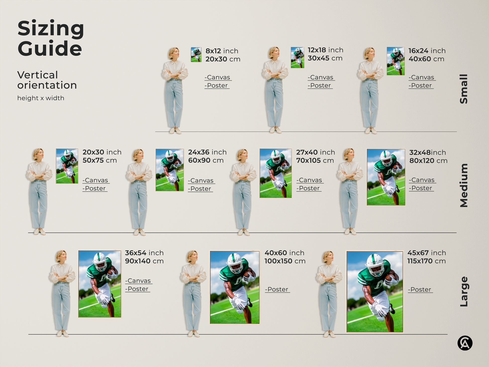 Sizing guide for vertical football art. Visualize canvas and poster sizes from small to large. Ranging from 8x12 to 45x67 inches. Perfect for any space. Find the ideal fit for your office sports bar or a football fan's room.