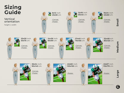 Sizing guide for vertical football art. Visualize canvas and poster sizes from small to large. Ranging from 8x12 to 45x67 inches. Perfect for any space. Find the ideal fit for your office sports bar or a football fan's room.