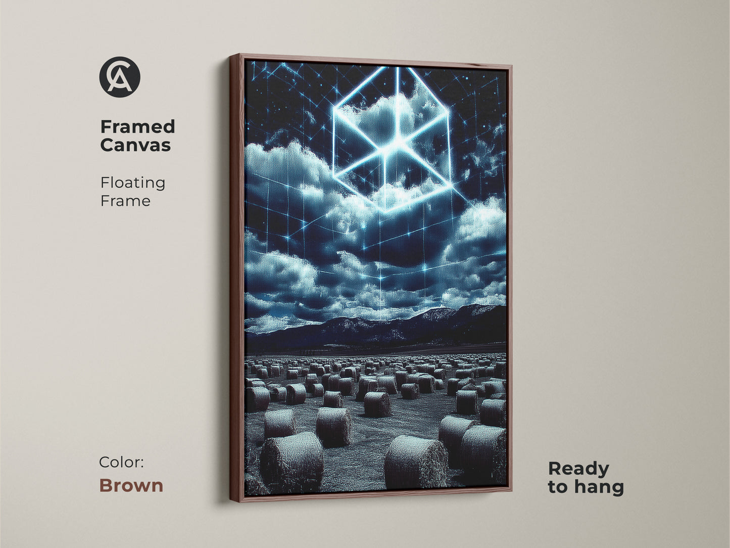 Framed Canvas featuring Surreal Tech Landscape art. The brown floating frame complements the Electric Blue Cube motif. This modern art is perfect for a bedroom wall decor. A housewarming gift idea for those who love abstract art.