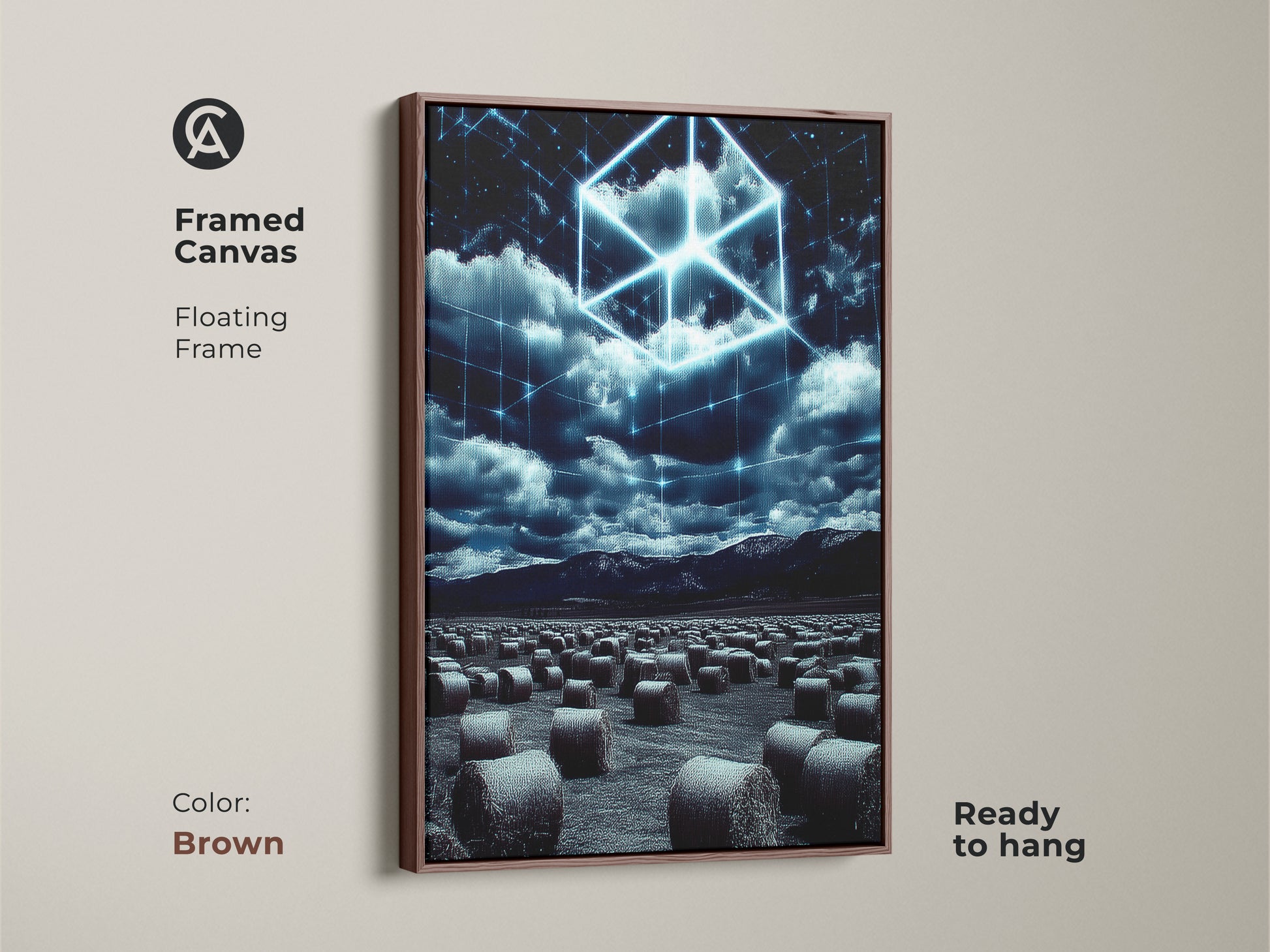 Framed Canvas featuring Surreal Tech Landscape art. The brown floating frame complements the Electric Blue Cube motif. This modern art is perfect for a bedroom wall decor. A housewarming gift idea for those who love abstract art.
