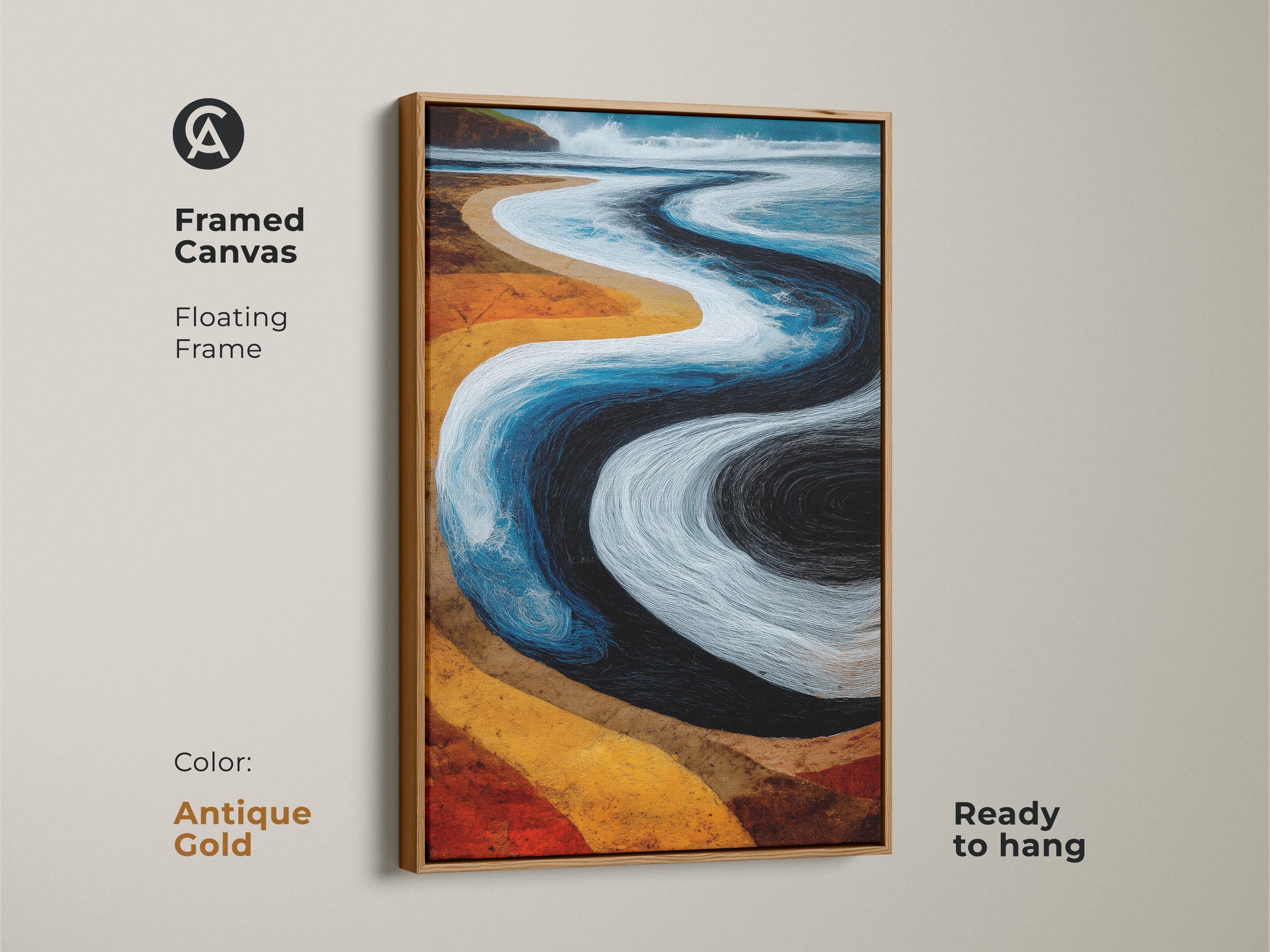 Antique gold framed canvas of abstract beach scene. This floating frame showcases coastal artwork. Ready to hang in a beach-themed room. A vibrant ocean view canvas for your home. Abstract water ripple artwork.