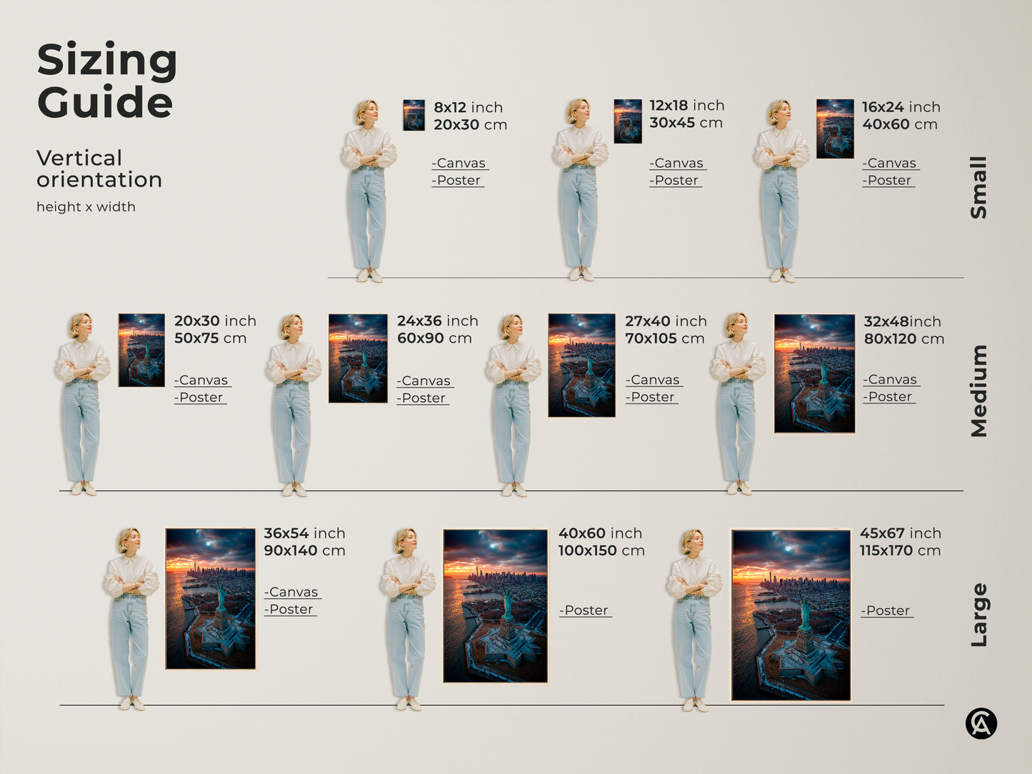 This is a vertical sizing guide for canvas and poster art. Visualize artwork sizes from small to large with our guide. Sizes range from 8x12 to 45x67 inches. Find the perfect fit for your space.