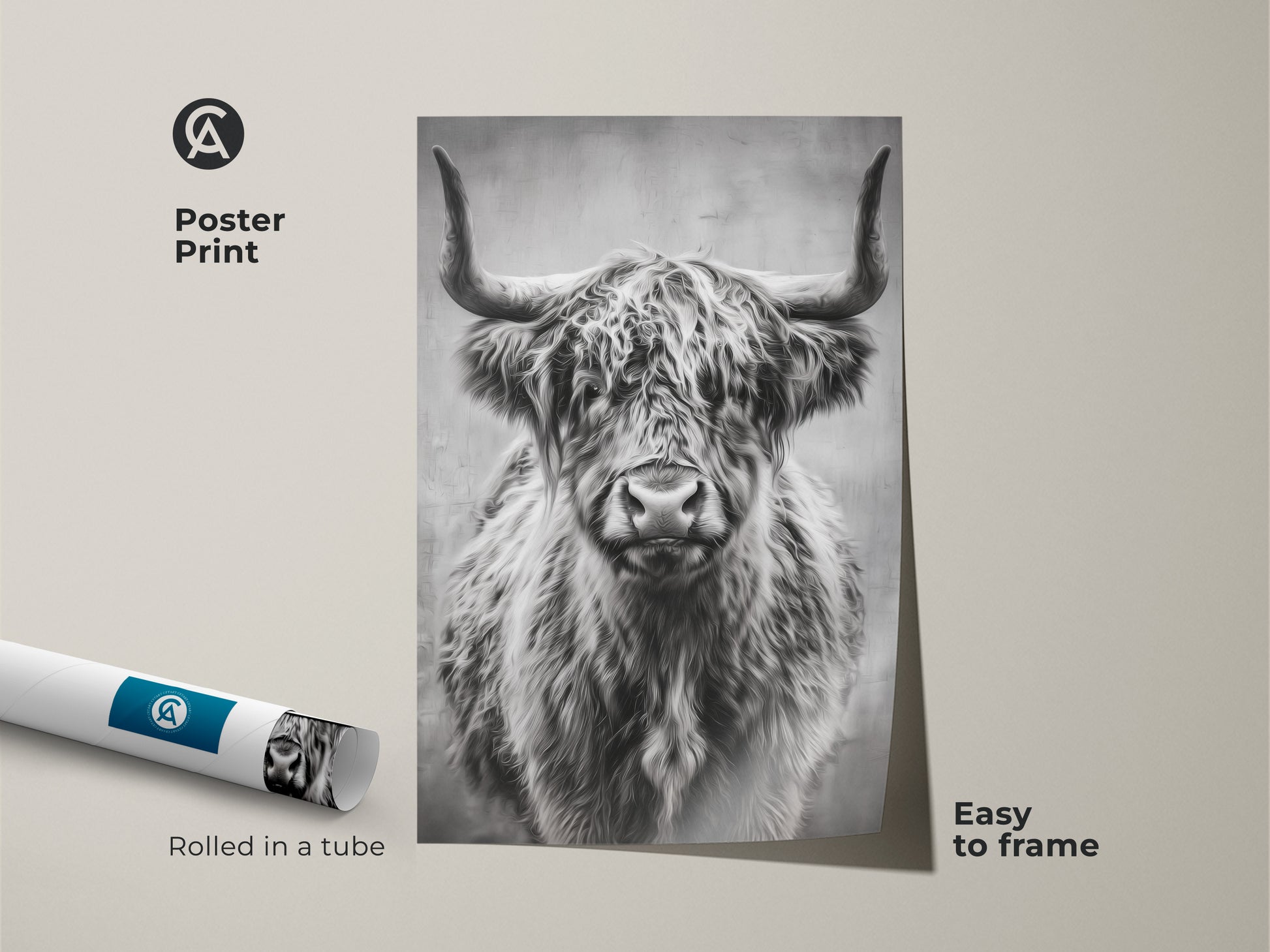Poster print of a monochrome highland cow rolled in a tube. This photorealistic wildlife print is easy to frame. The black and white cow art is perfect for farmhouse wall decor adding rustic charm.