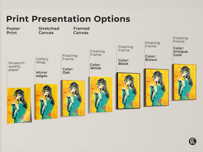 Print presentation options for a pop art woman portrait. Choose from poster print stretched canvas or framed canvas. Select a floating frame in black brown white or antique gold. The artwork is a vibrant addition to any home.