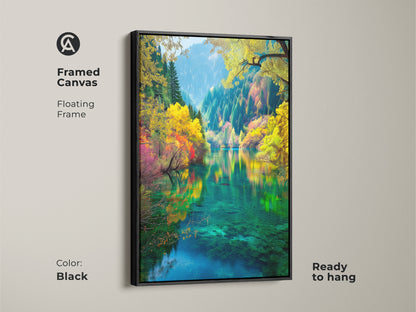 Enhance your home decor with this framed canvas artwork. Featuring a floating frame and ready to hang this piece showcases the breathtaking Jiuzhaigou Valley. The black frame complements the vibrant colors bringing nature's beauty indoors.