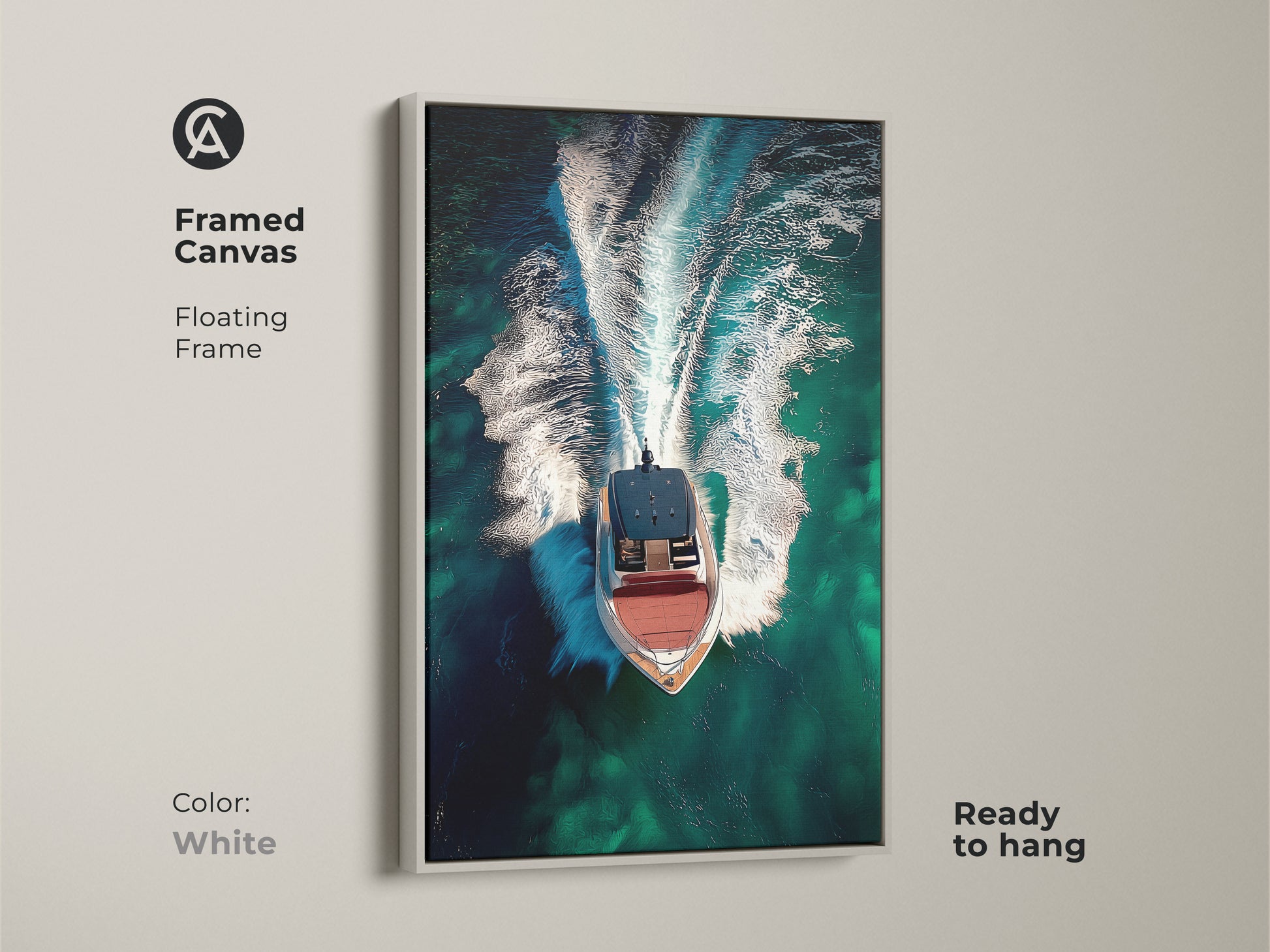 Framed canvas print of an aerial speedboat with a white floating frame. The emerald green ocean wall art captures turquoise waters. Ready to hang this contemporary boat artwork adds a modern seascape canvas.