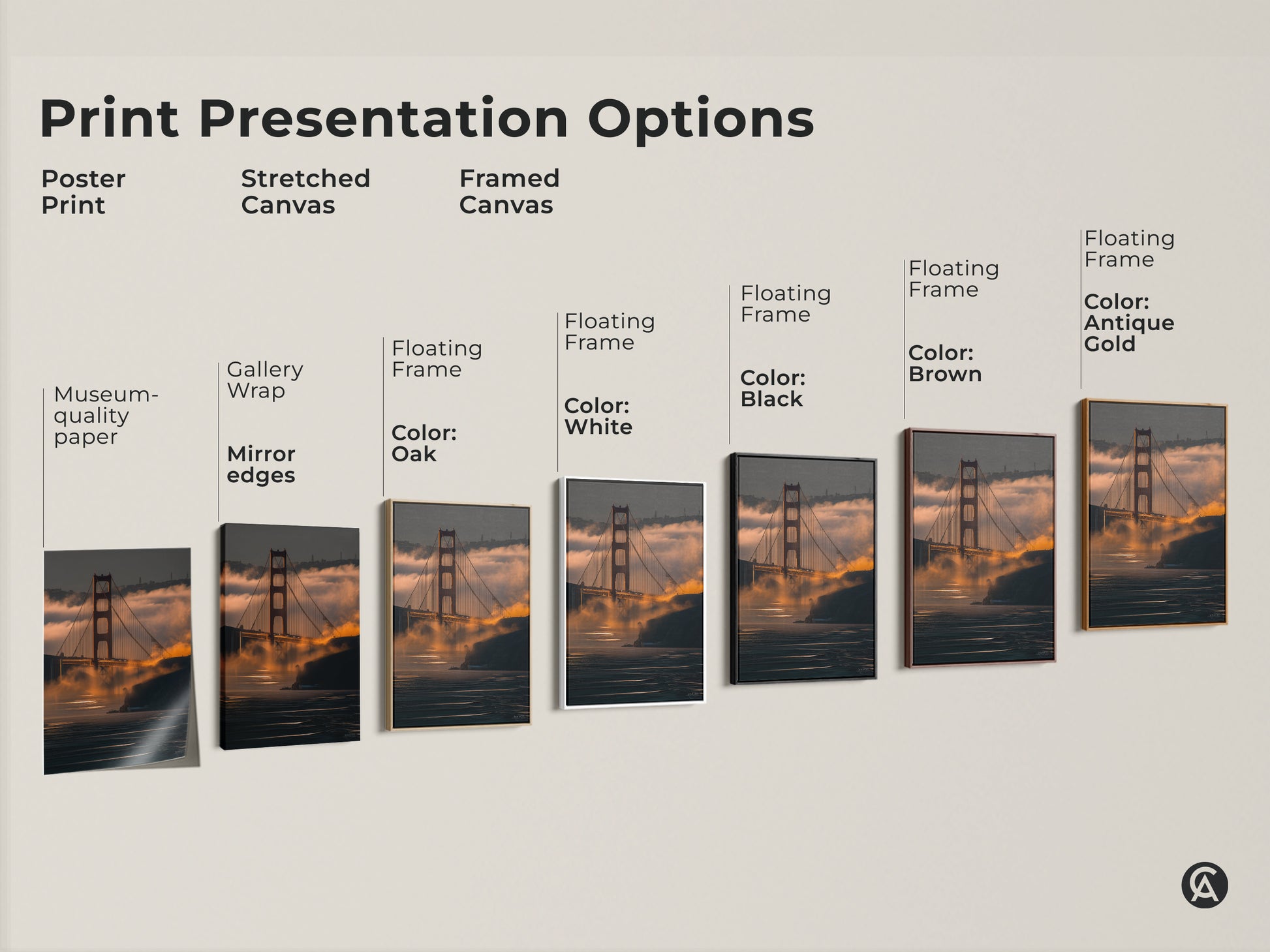 Explore print presentation options for the Golden Gate Bridge artwork. Choose from poster prints to stretched canvas and framed canvas in various colors. Find the perfect style.