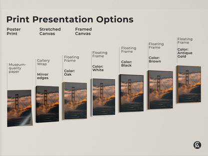Explore print presentation options for the Golden Gate Bridge artwork. Choose from poster prints to stretched canvas and framed canvas in various colors. Find the perfect style.