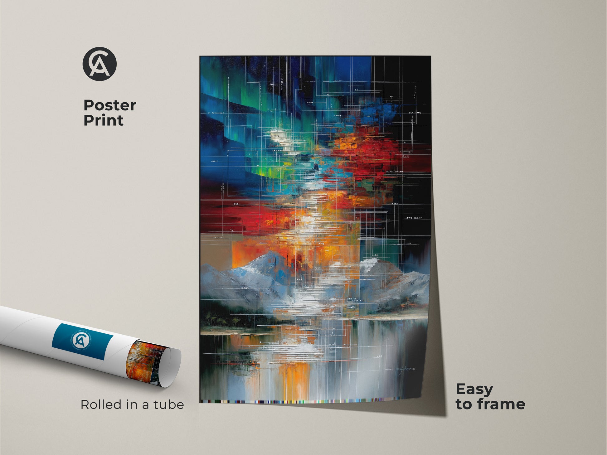 This is a poster print of an abstract geometric mountain lake scene. The colorful artwork features a red green and blue color palette. This modern landscape is easy to frame. A creative workspace wall art choice for an office a unique entry hall decor or a thoughtful tech enthusiast gift idea.