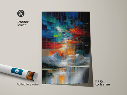 This is a poster print of an abstract geometric mountain lake scene. The colorful artwork features a red green and blue color palette. This modern landscape is easy to frame. A creative workspace wall art choice for an office a unique entry hall decor or a thoughtful tech enthusiast gift idea.