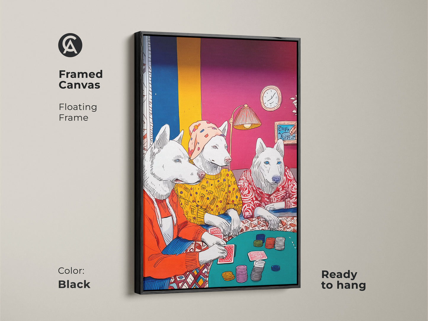 A framed canvas with a floating frame shows a dog poker game artwork. The art is ready to hang. The black frame enhances the whimsical and eclectic feel. It is a perfect conversation piece for any room.