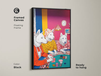 A framed canvas with a floating frame shows a dog poker game artwork. The art is ready to hang. The black frame enhances the whimsical and eclectic feel. It is a perfect conversation piece for any room.
