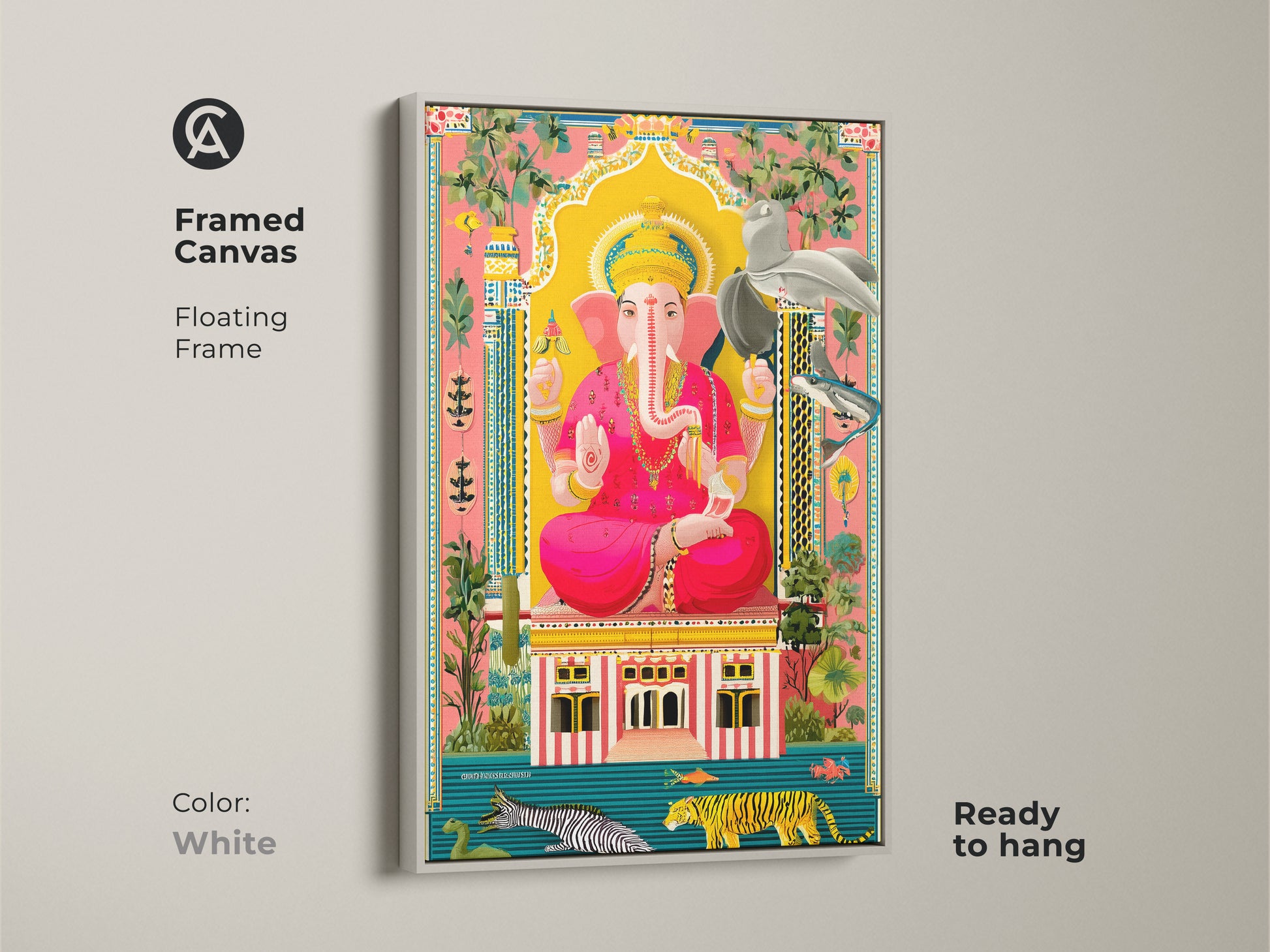 This framed canvas presents Ganesha artwork with a floating white frame for a clean look. Ready to hang this print enlivens any space. The bright-colored Ganesha folk print adds cultural vibrancy. This spiritual wall art is a unique gift to enhance any room.