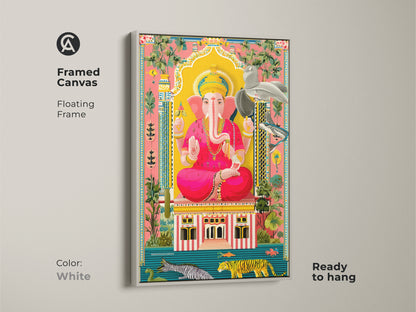 This framed canvas presents Ganesha artwork with a floating white frame for a clean look. Ready to hang this print enlivens any space. The bright-colored Ganesha folk print adds cultural vibrancy. This spiritual wall art is a unique gift to enhance any room.