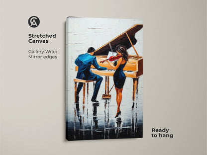 This stretched canvas artwork showcases an abstract piano scene. A couple performs as a violin duo in impressionist style. The gallery wrap boasts mirrored edges making it ready to hang in your home.