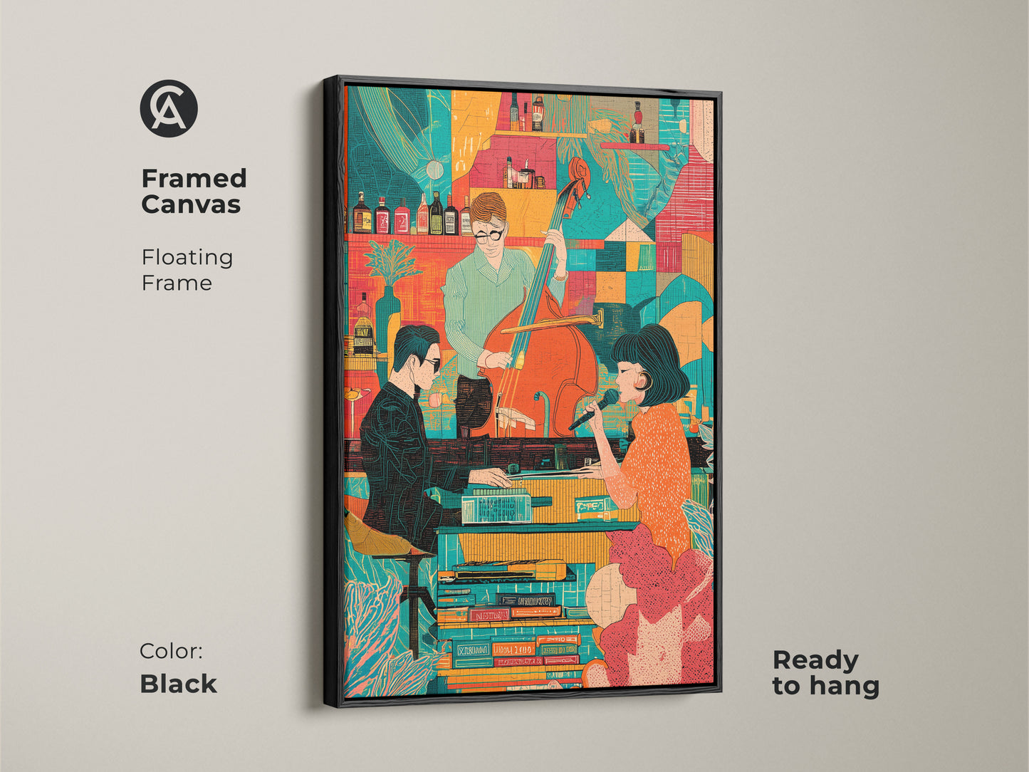 A framed canvas of a Mid-Century Modern Jazz Band in a floating black frame. This retro singer and bassist artwork is ready to hang. The art adds an eclectic touch with its orange and teal colors. It is an ideal piece of home decor for music enthusiasts.