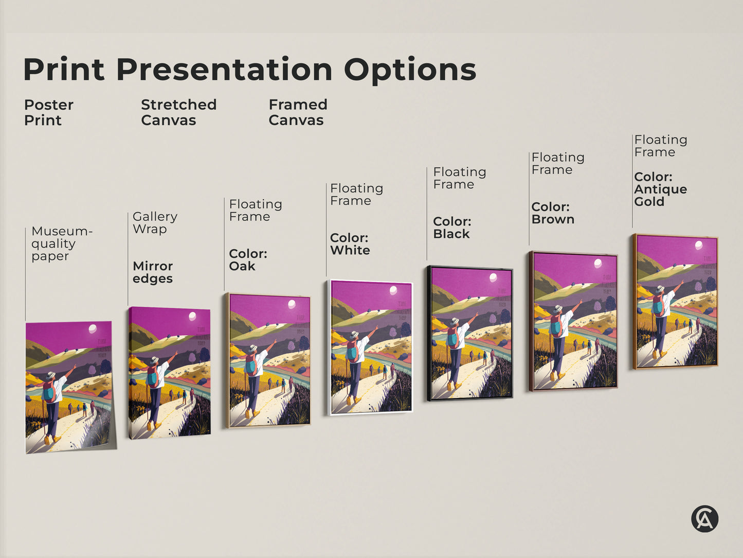 Print presentation options showing poster stretched and framed canvas. These flat artworks feature a colorful hiking landscape. See various frame colors. Choose the perfect adventure theme artwork.