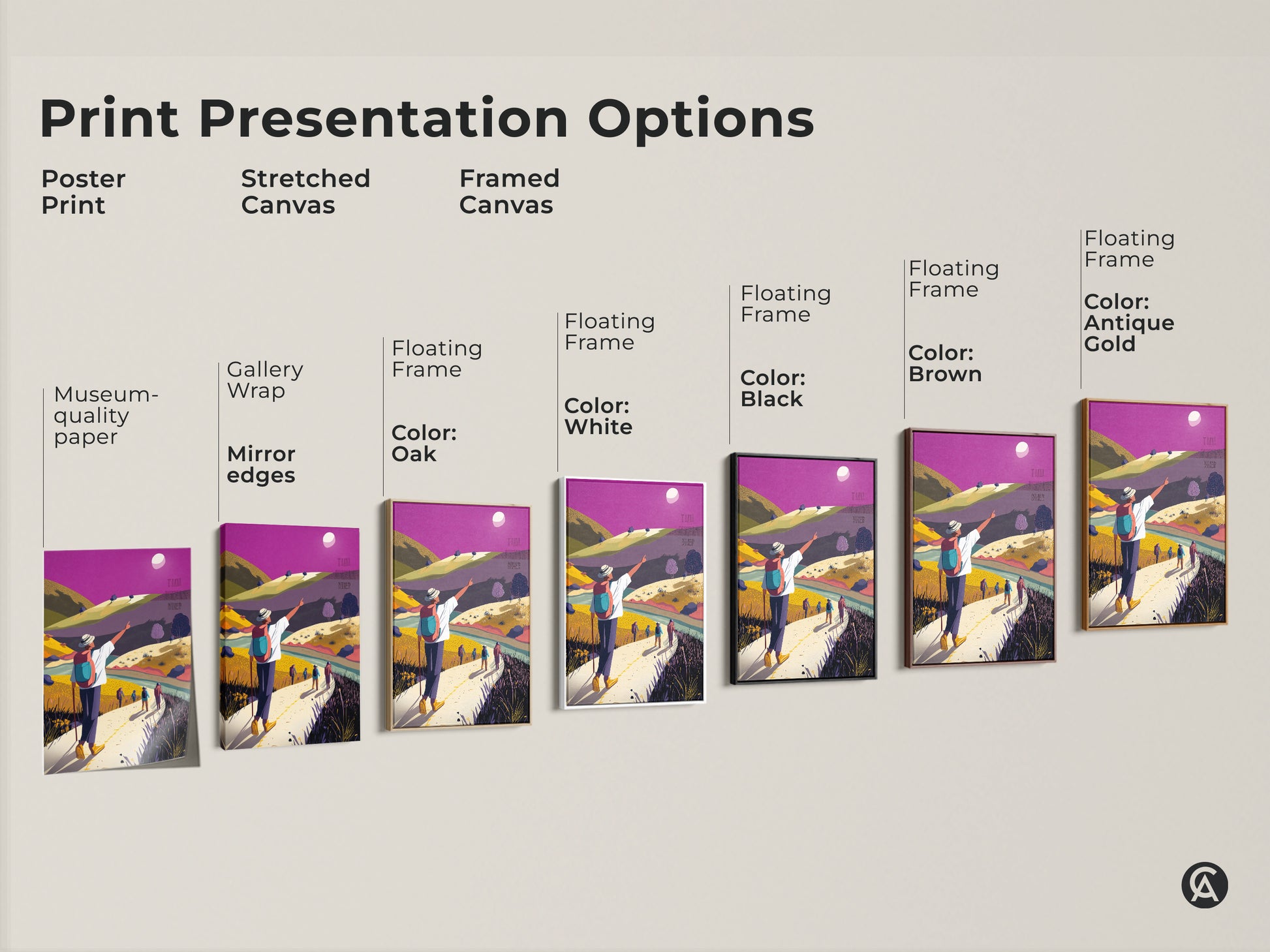 Print presentation options showing poster stretched and framed canvas. These flat artworks feature a colorful hiking landscape. See various frame colors. Choose the perfect adventure theme artwork.