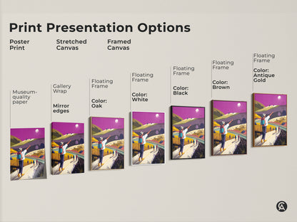 Print presentation options showing poster stretched and framed canvas. These flat artworks feature a colorful hiking landscape. See various frame colors. Choose the perfect adventure theme artwork.