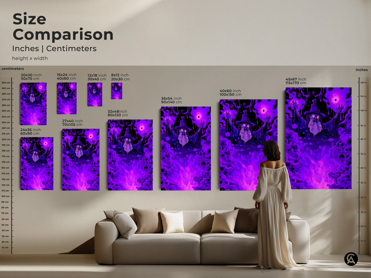 Size comparison of wizard art prints in inches and centimeters. Various sizes from small to extra large. Perfect fantasy art for above a couch. Find your ideal size for mystical wall art.