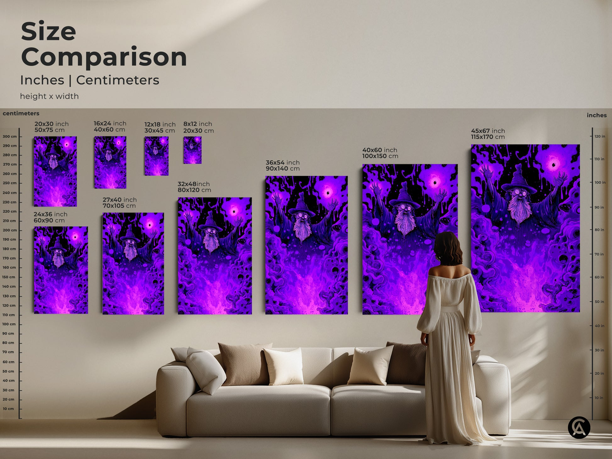 Size comparison of wizard art prints in inches and centimeters. Various sizes from small to extra large. Perfect fantasy art for above a couch. Find your ideal size for mystical wall art.