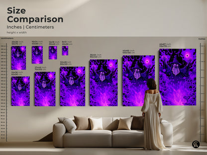 Size comparison of wizard art prints in inches and centimeters. Various sizes from small to extra large. Perfect fantasy art for above a couch. Find your ideal size for mystical wall art.