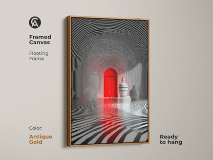 Framed canvas with a floating frame enhances this optical illusion art. A red door stands out in a zebra striped tunnel. Vases add depth. The antique gold frame makes it ready to hang in any modern space.