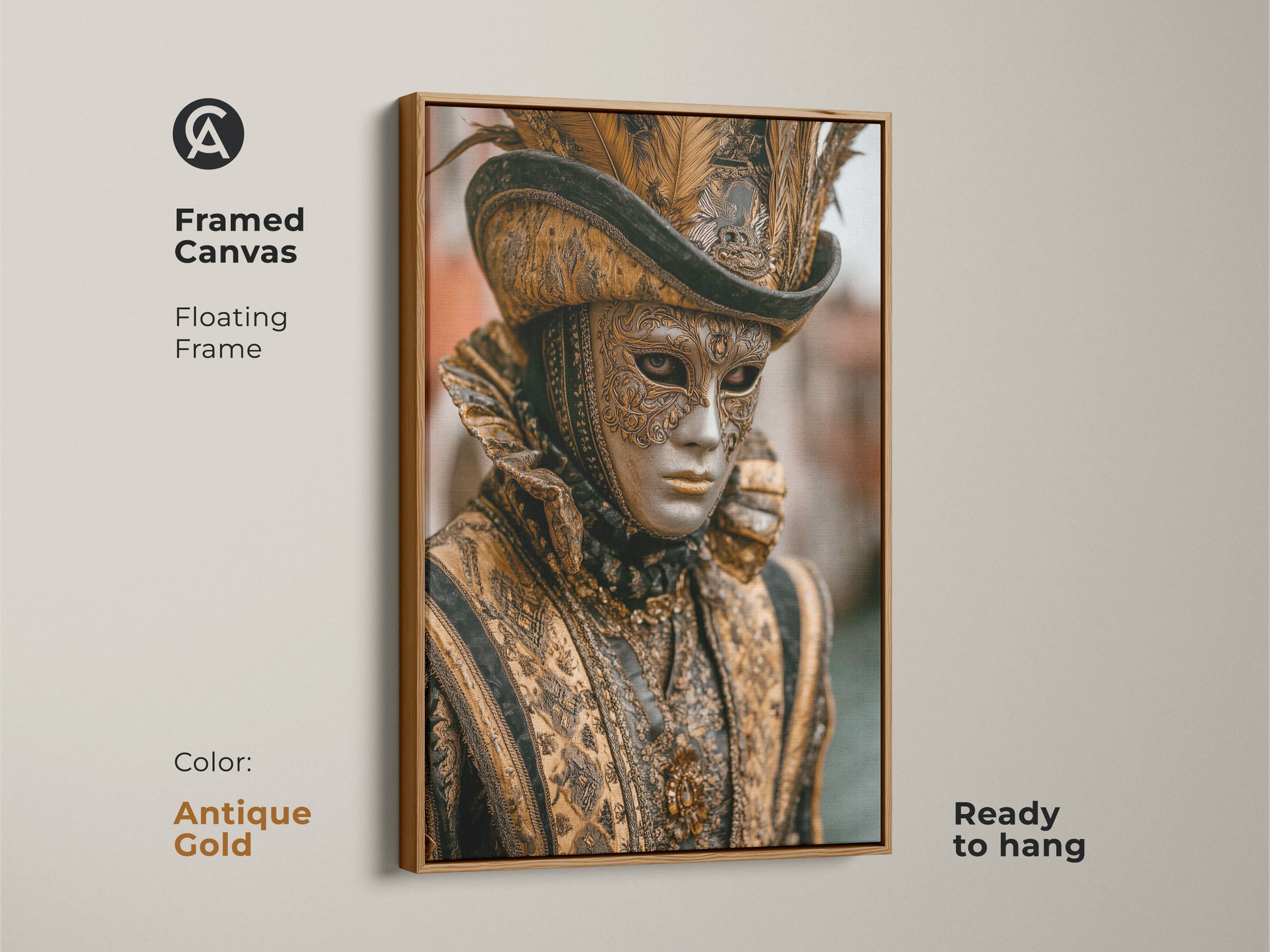 Antique gold floating frame around a Venetian mask canvas. This baroque costume artwork offers an eclectic look. The ornate gold and black artwork is ready to hang. Elevate your home with this historical festival piece. Ideal masquerade ball decor.