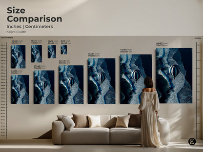 Compare sizes with this inches and centimeters guide for hot air balloon over ocean waves artwork. From small to large find the ideal contemporary navy blue wall art to enhance your space. See how it complements your decor.