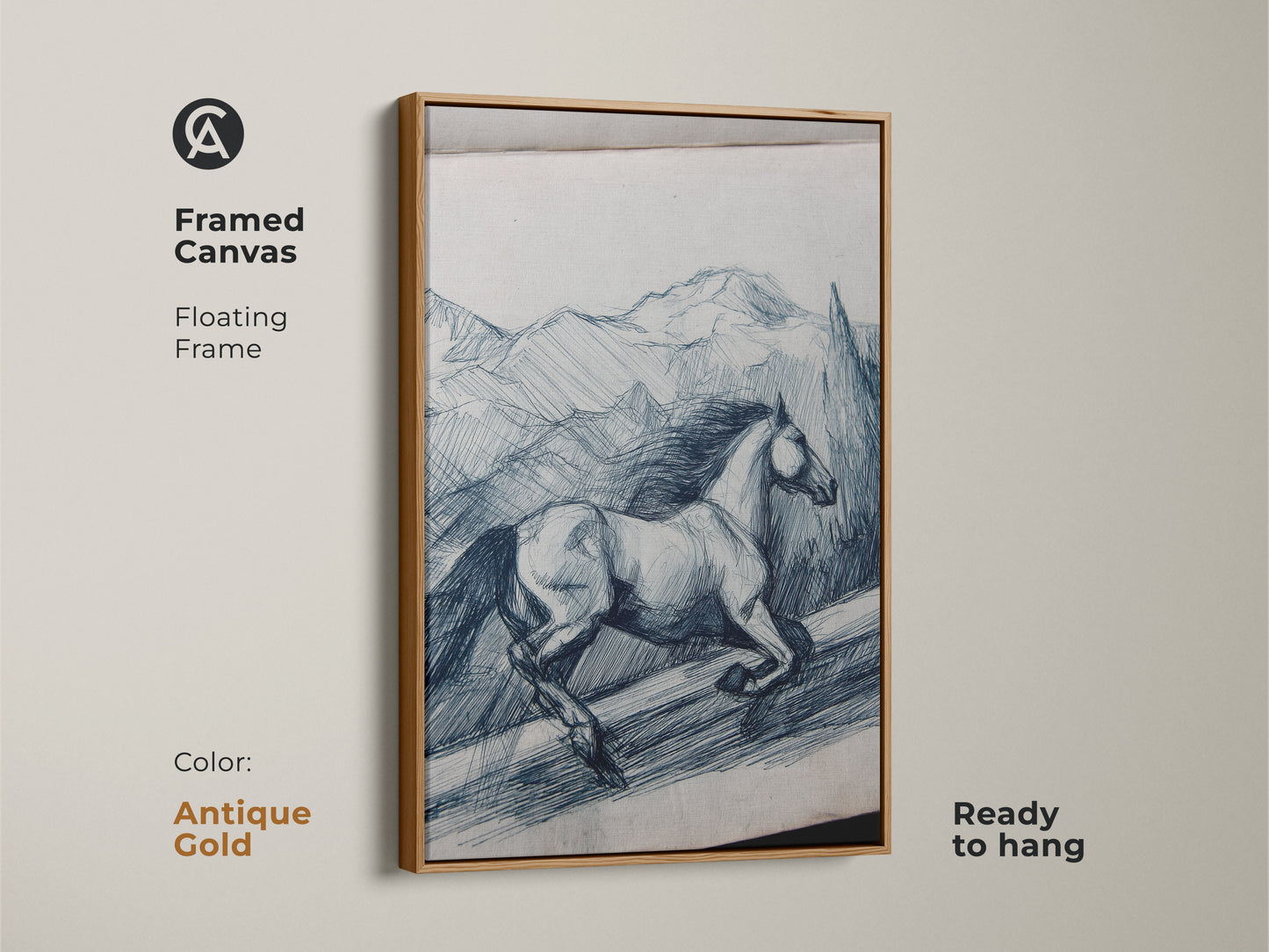 Framed canvas in antique gold shows rustic horse line art. Indigo mountain sketch is ready to hang. Floating frame enhances equestrian art. The animal landscape print adds charm to any room. Sketch style artwork for horse lovers. It’s a unique gift idea.