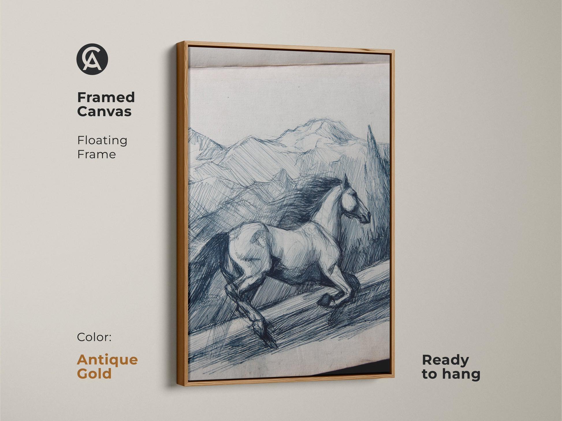 Framed canvas in antique gold shows rustic horse line art. Indigo mountain sketch is ready to hang. Floating frame enhances equestrian art. The animal landscape print adds charm to any room. Sketch style artwork for horse lovers. It’s a unique gift idea.